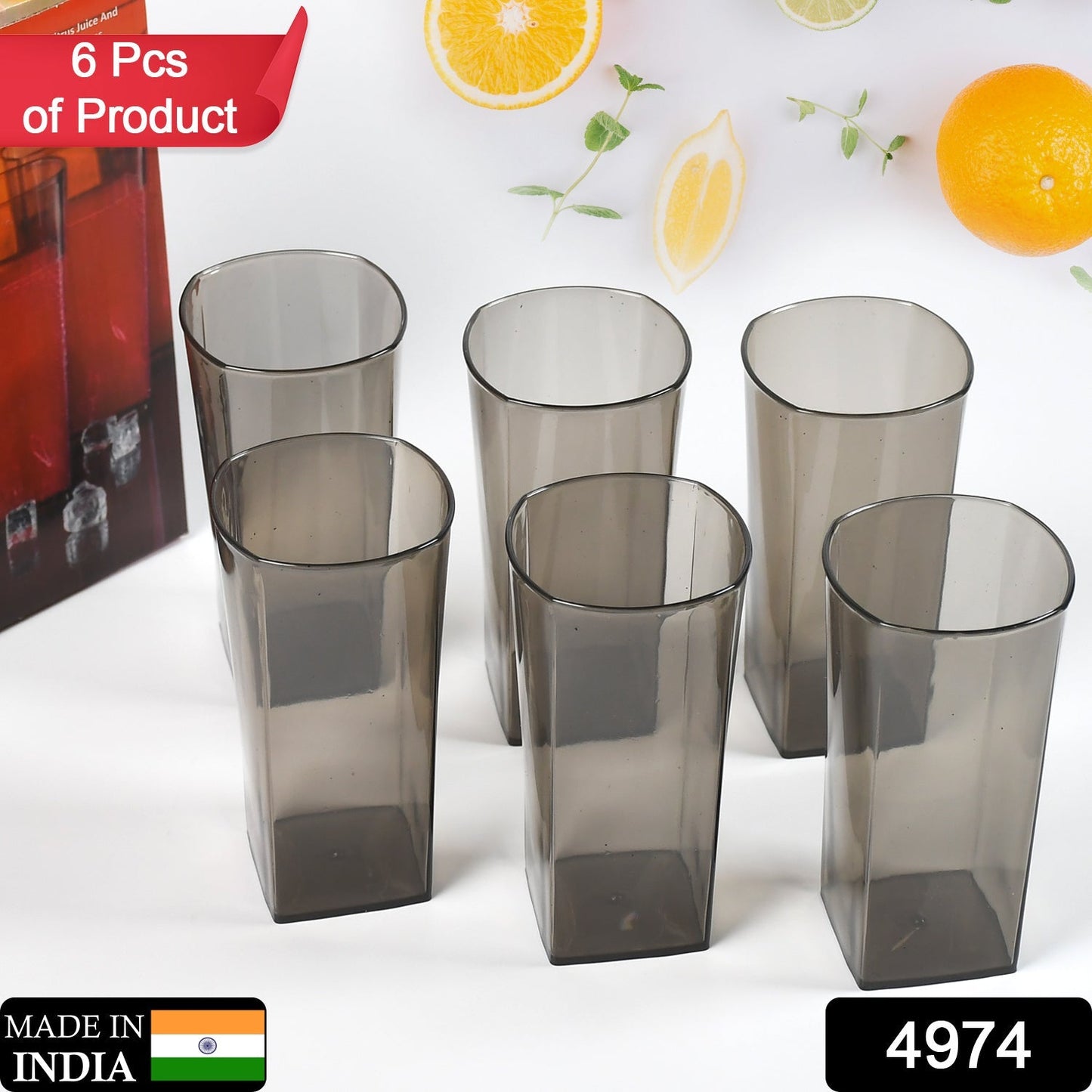 4974 Unbreakable Stylish Transparent Square Design Water/Juice/Beer/Wine Tumbler Plastic Glass Set ( 300 ML, Pack of 6) ( Black ) 