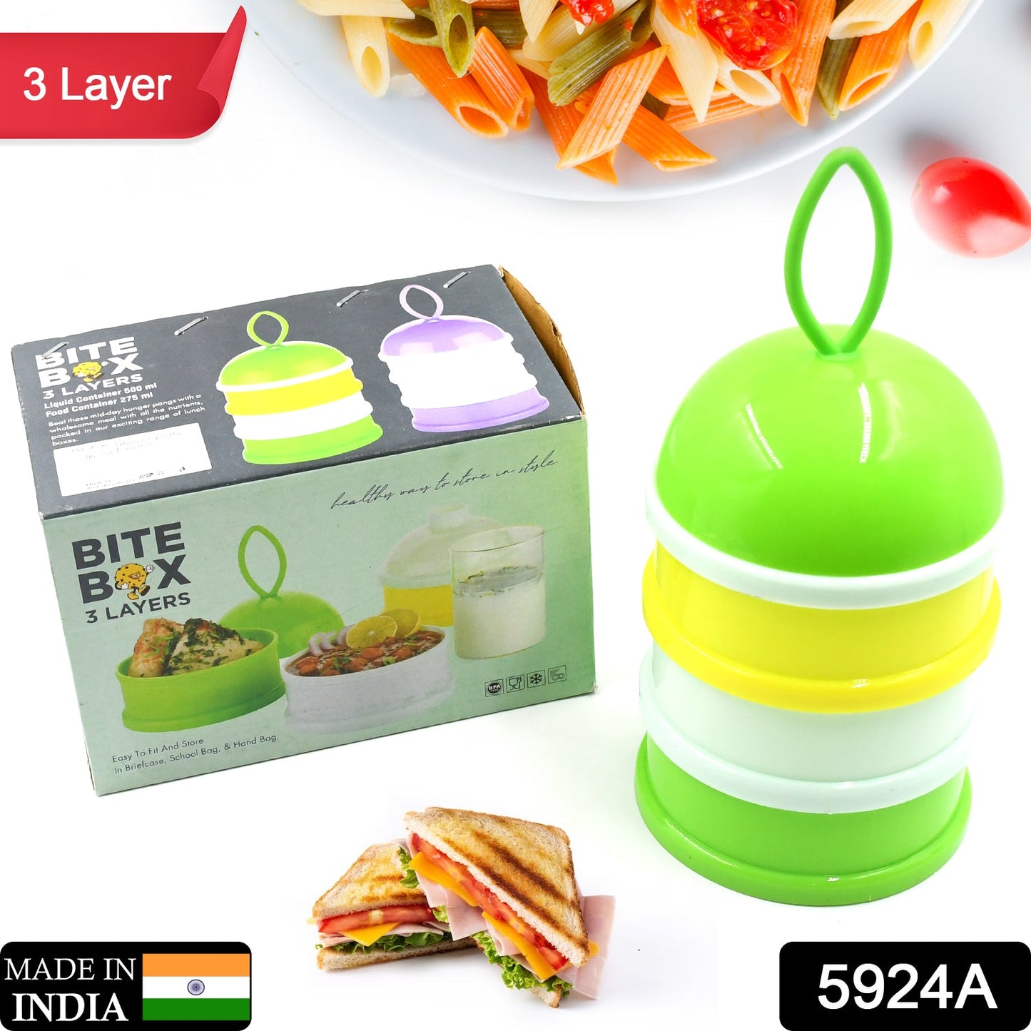 5924A  3 Layer Lunch Box Unique Design Bite Lunch Box With Liquid & Food Container Lunch Box (Green)