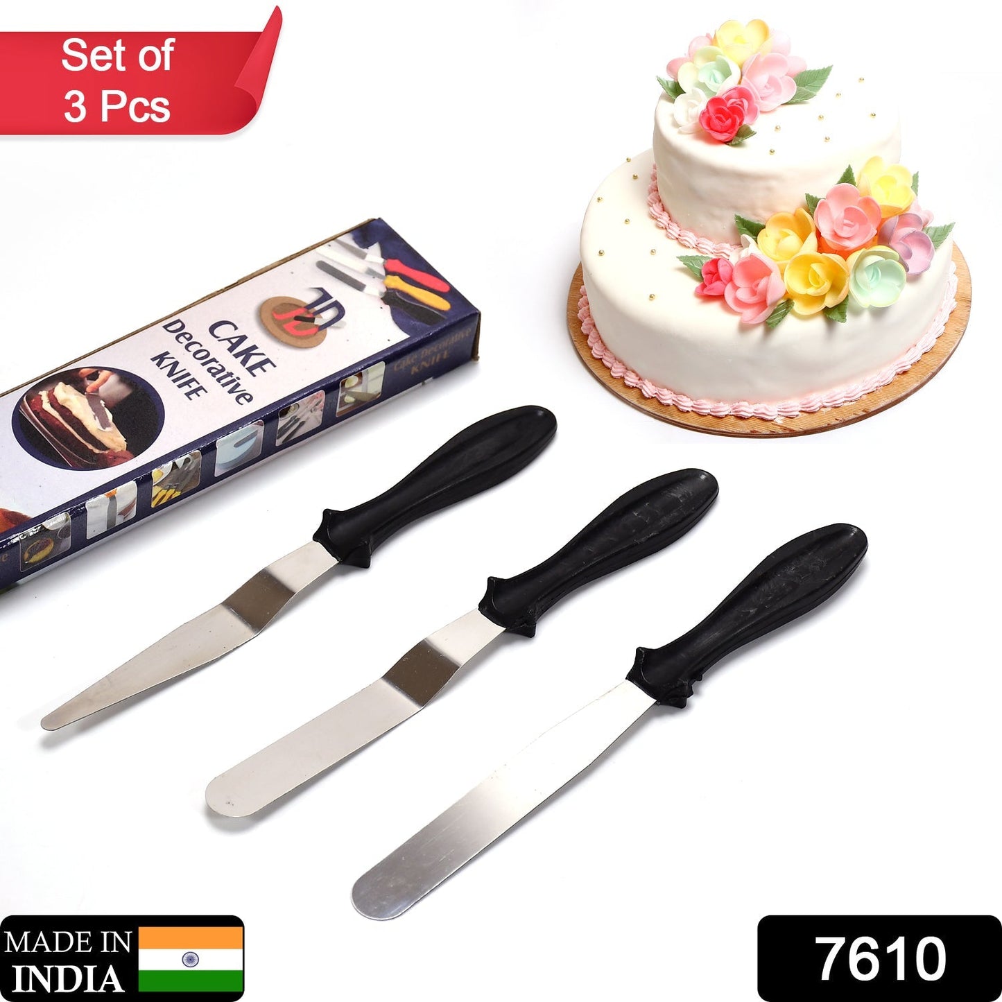 7610 3-in-1 Multi-Function Stainless Steel Cake Icing Spatula Knife Set 