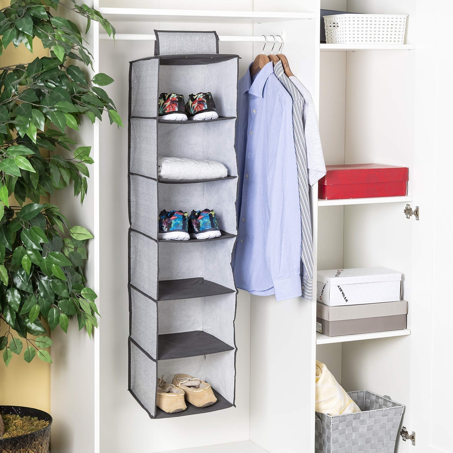 6370  6 Shelf Hanging Closet Organizer, Space Saver, Sweater & Clothing Shelves, Breathable Material Keeps Away Dust & Odors, 