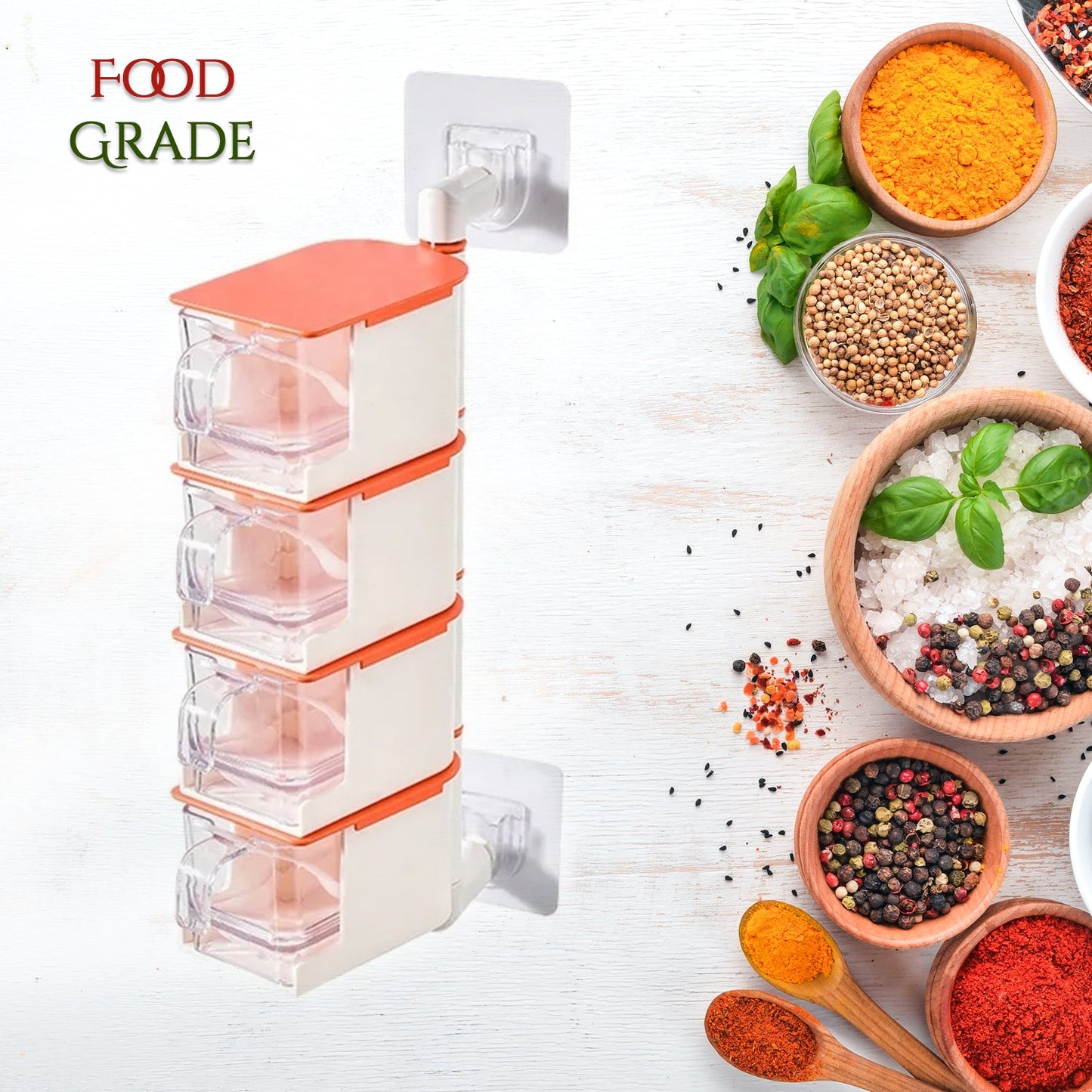 5942 4 Layer Creative Adhesive Wall Hanging Rotary Seasoning Box Condiment Storage Container Kitchen with Spoon Pepper Sugar Spice Jar Rack Food