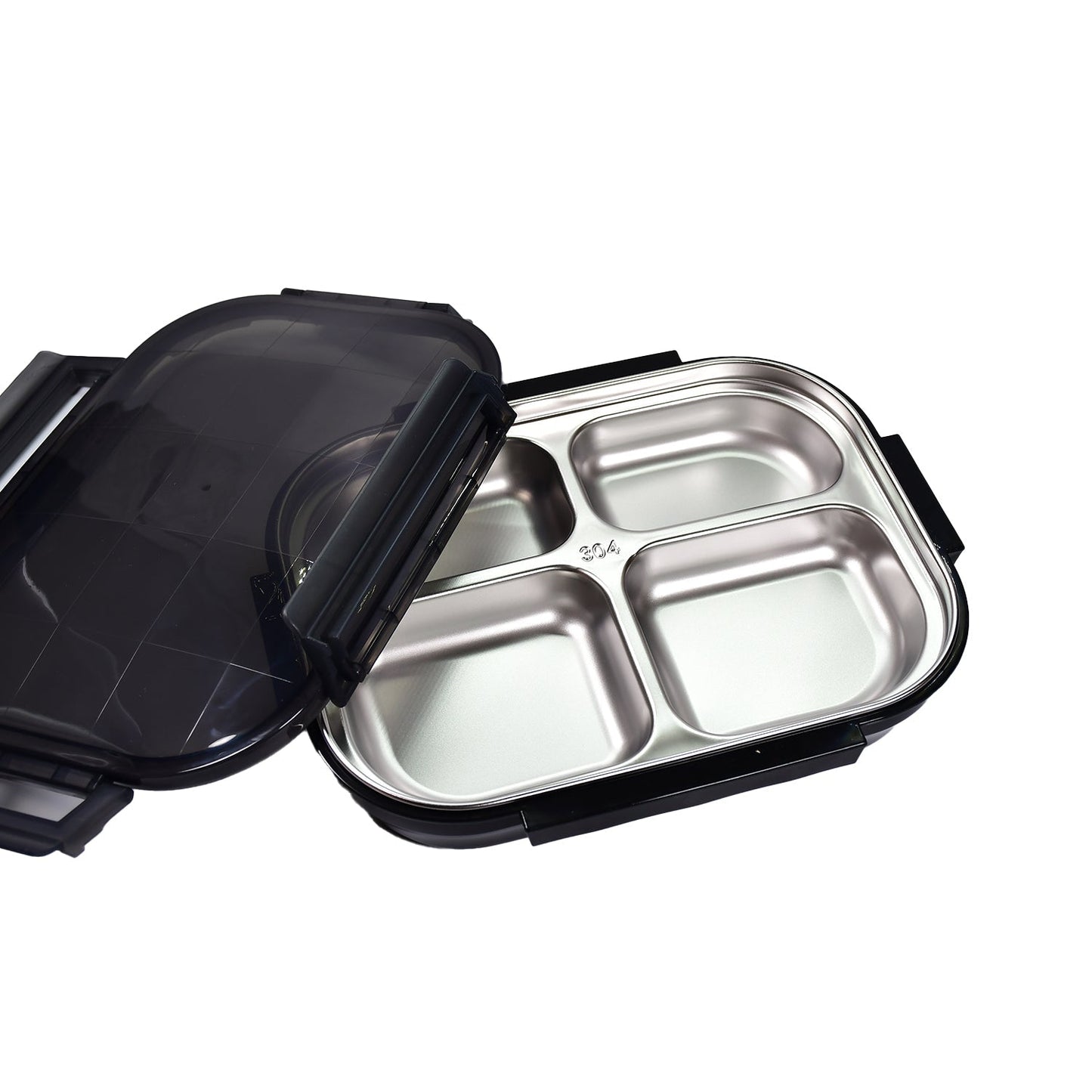 2979 Black Transparent 4 Compartment Lunch Box for Kids and adults, Stainless Steel Lunch Box with 4 Compartments. 