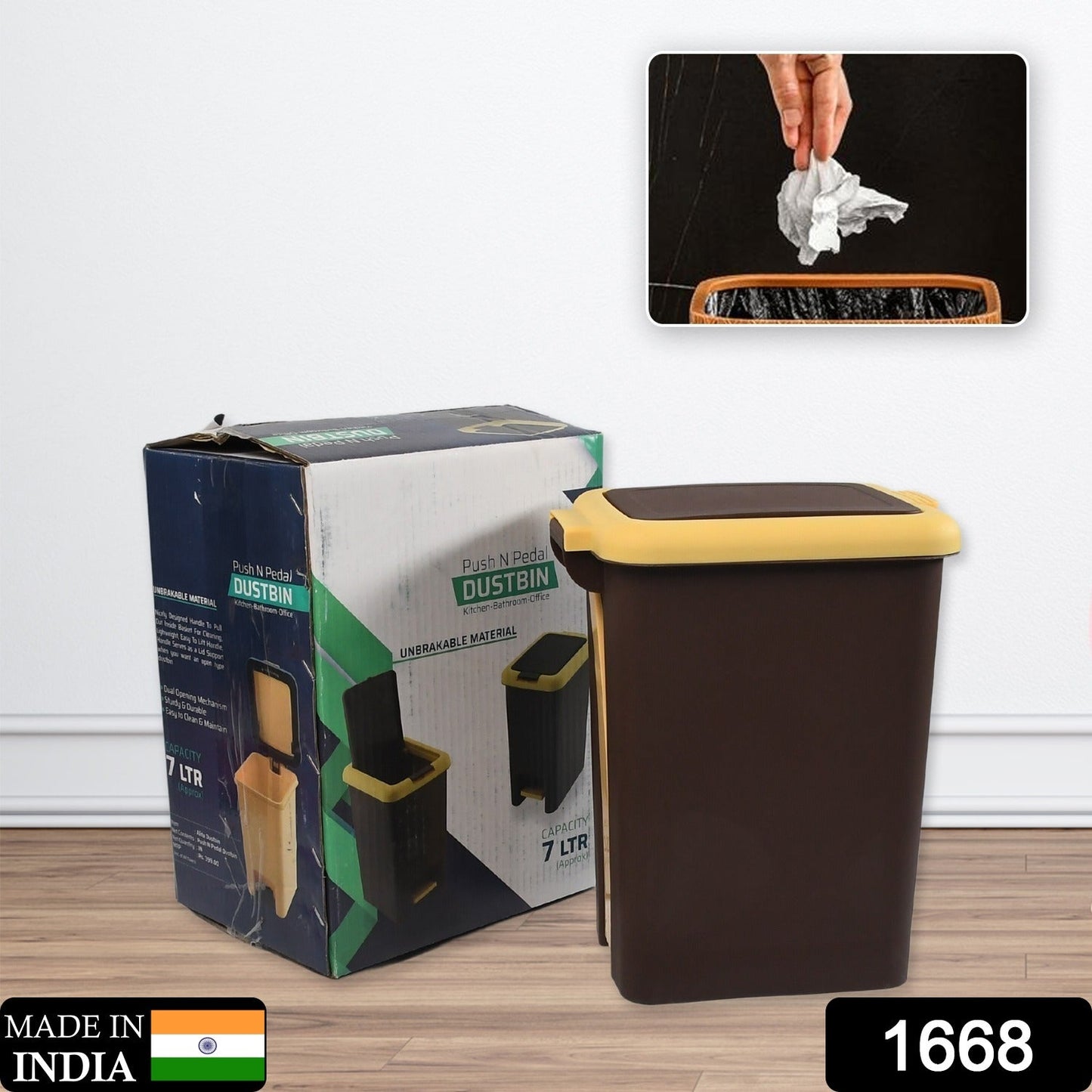 1668 Plastic Push N Pedal Dustbin Plastic Kitchen Waste Bin with Lid | Trash Can Waste Basket for Bathroom, Hands Free with Step On Foot Pedal and Garbage Bag Ring ( 7 Ltr. ) 