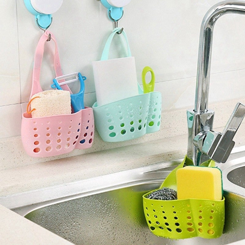 762 Adjustable Kitchen Bathroom Water Drainage Plastic Basket/Bag with Faucet Sink Caddy 