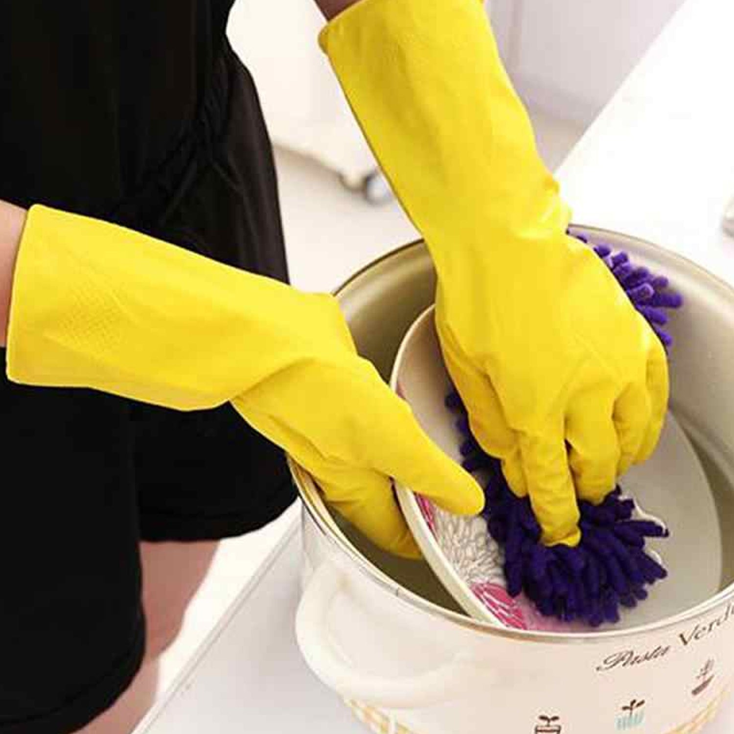 4853 Pair Of 2 Large Yellow Gloves For Types Of Purposes Like Washing Utensils, Gardening And Cleaning Toilet Etc. 
