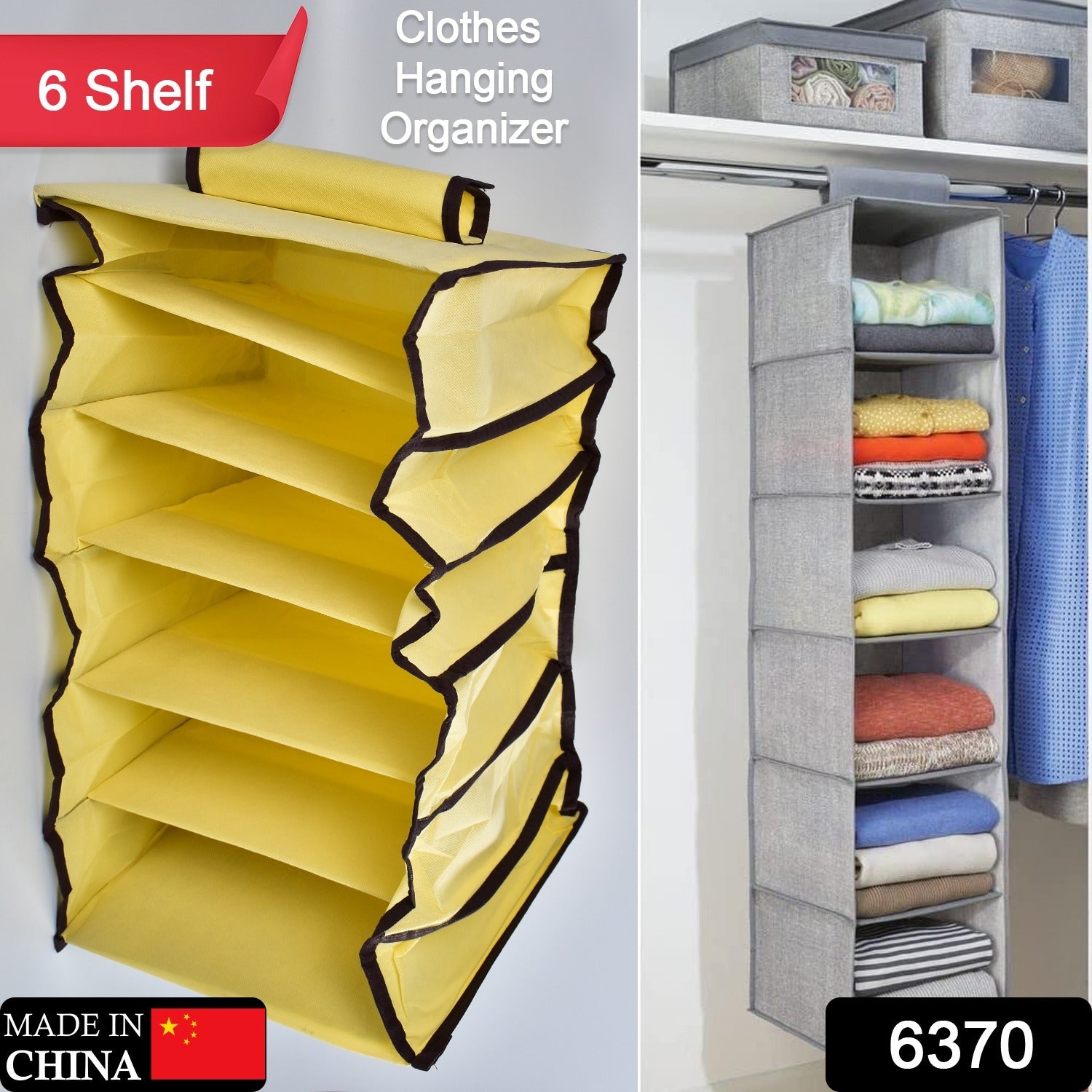 6370  6 Shelf Hanging Closet Organizer, Space Saver, Sweater & Clothing Shelves, Breathable Material Keeps Away Dust & Odors, 