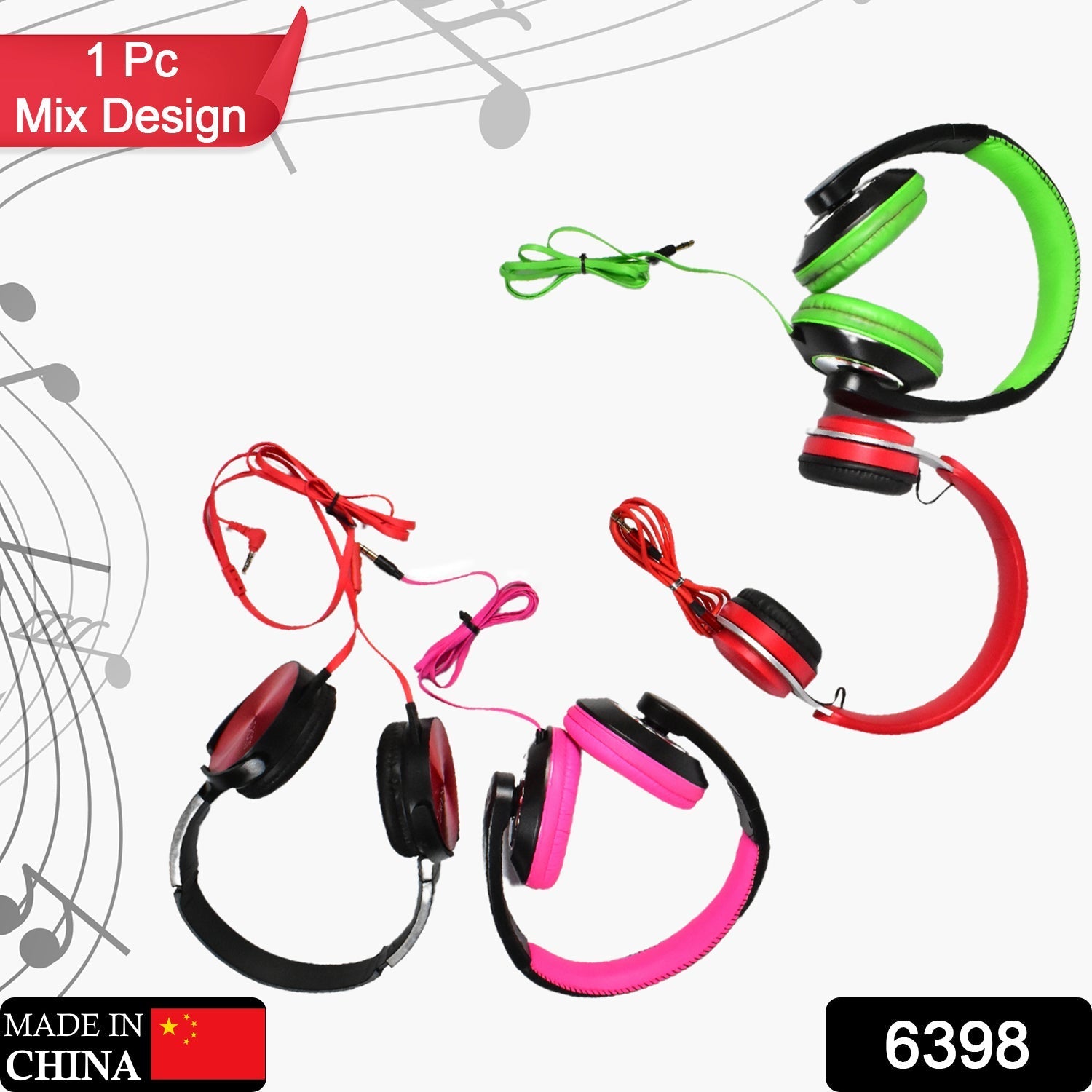 6398 WIRED HEADPHONES WITH MIC ON-EAR HEADPHONES WITH TANGLE FREE CABLE FOR ALL SMART PHONE SUPPORT HEAD PHONE (Mix Design 1 Pc) Dukandaily
