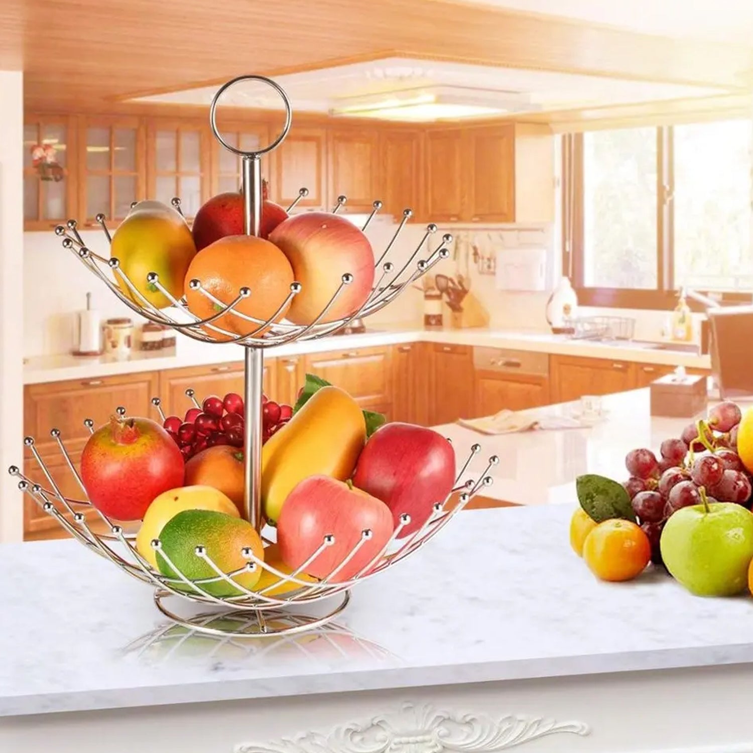 5183 3 Tier Fruit Basket Stainless Steel 60cm For Home Decoration & Kitchen Use Dukandaily