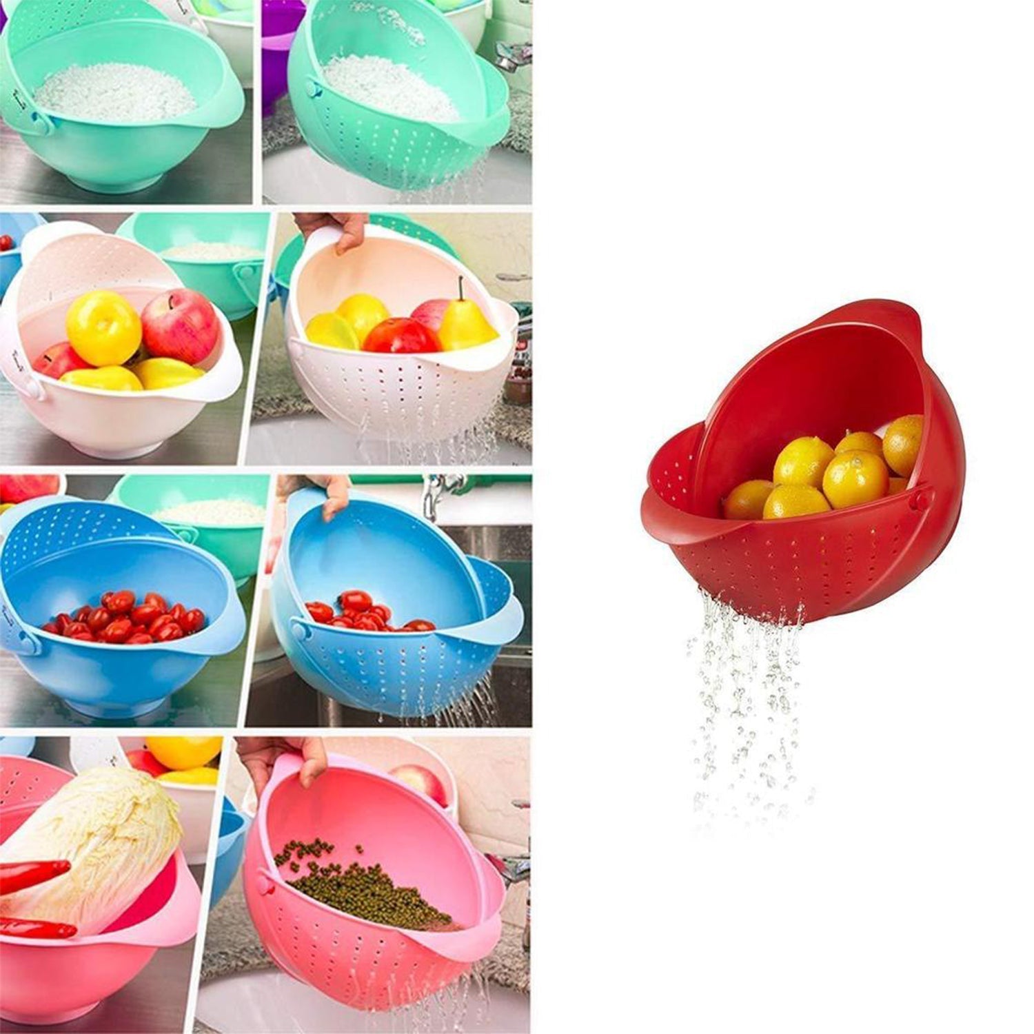 2145  Plastic Revolving Multi Functional Rice, Vegetable Fruit Wash Basket Bowl (Multi Colour) Dukan Daily