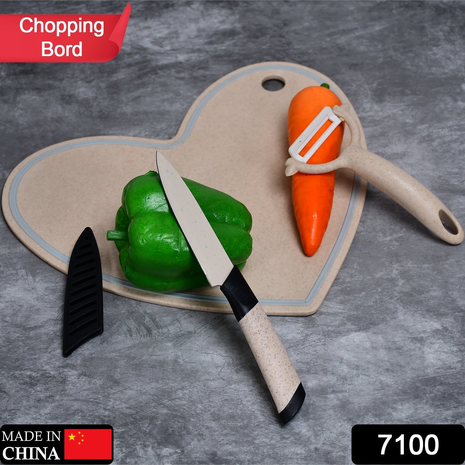 7100 Heart Shape Chopping Board With Knife & Peeler DeoDap