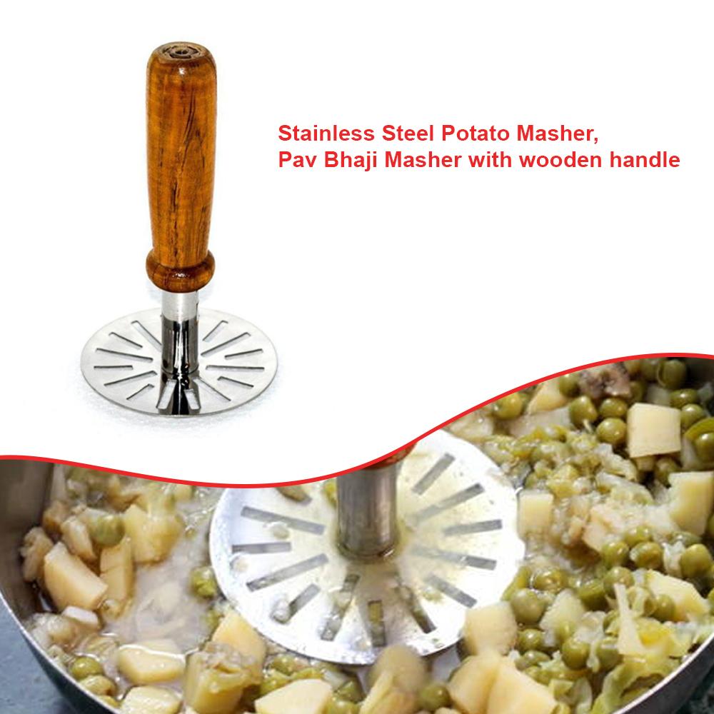064 Stainless Steel Potato Masher, Pav Bhaji Masher with wooden handle Dukandaily
