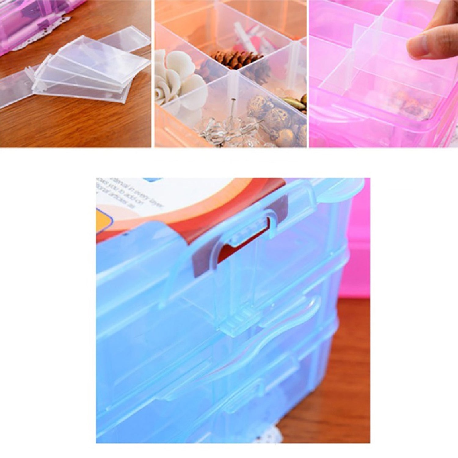 2644 3-Tier 18 Sections Transparent Stackable Adjustable Compartment Slot Plastic Craft Storage Box Dukandaily