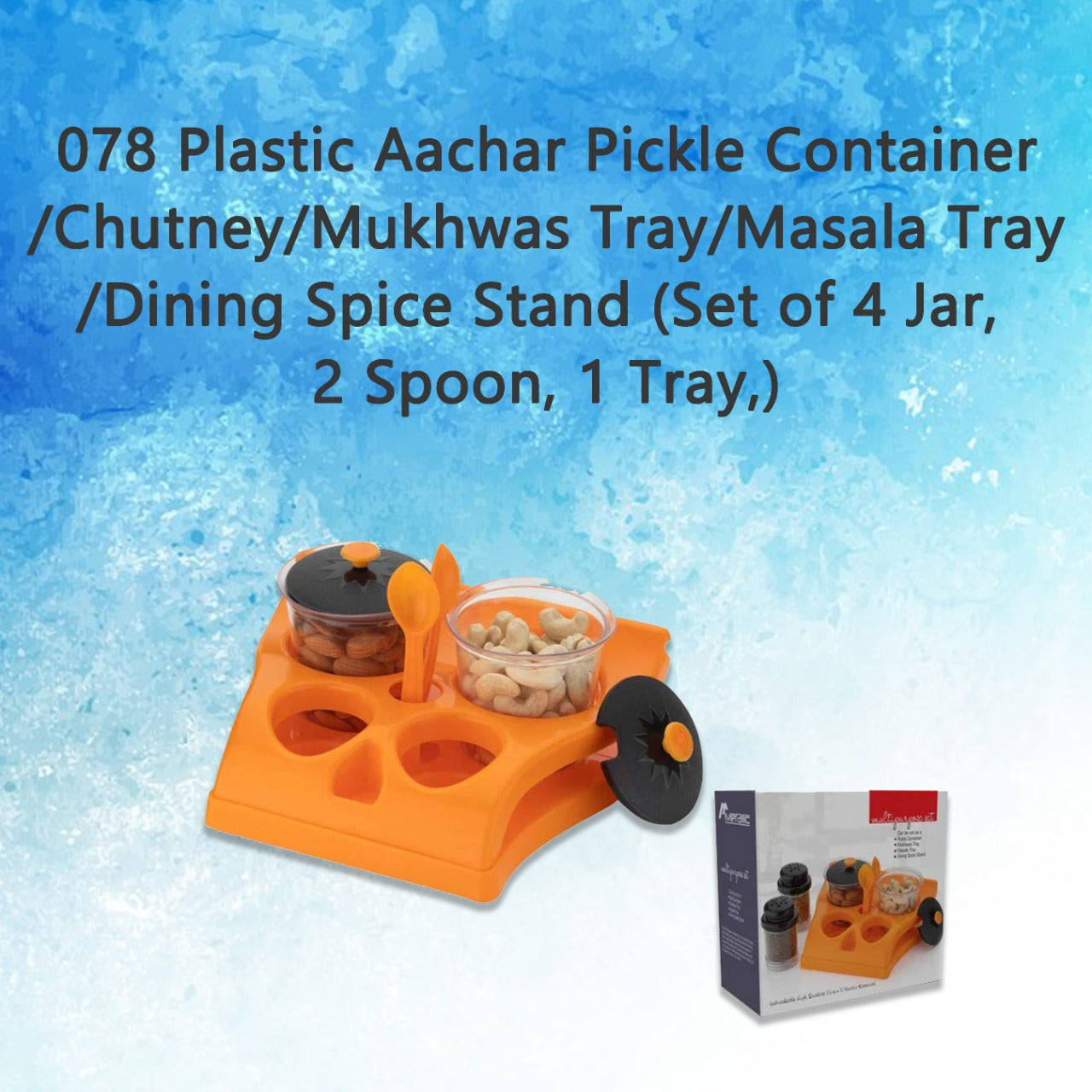 078 Plastic Aachar Pickle Container/Chutney/Mukhwas Tray/Masala Tray/Dining Spice Stand (Set of 4 Jar, 2 Spoon, 1 Tray,) Dukandaily